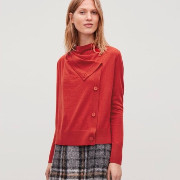 COS Double Breasted Draped Button Front Merino Wool Cardigan in Red, size M - Picture 2 of 10